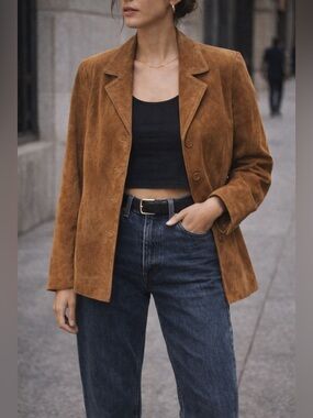 Vintage Caramel Brown Leather Blazer Jacket Size 10 Tailored Minimalist